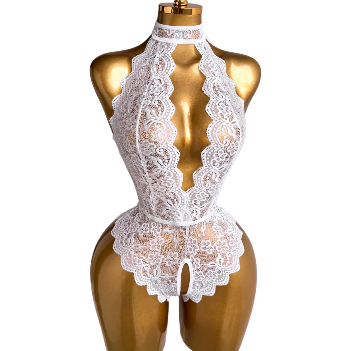 Lace Teddy Lingerie - Body intimo bianco con scollo all'americana