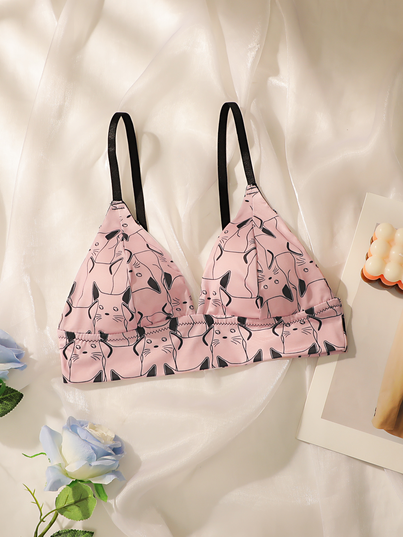 Bralette Wireless Soft - Reggiseno a triangolo con stampa gatto