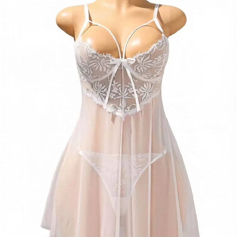 Babydoll Chemise Night - Babydoll in pizzo bianco da donna,