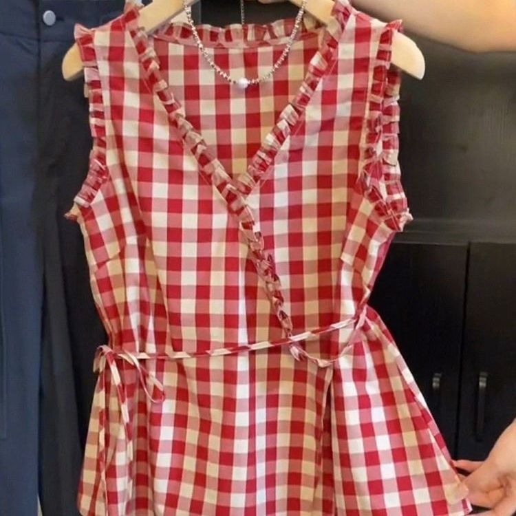 Corset Waist Cinch - Gilet Senza Maniche a Quadri Rossi